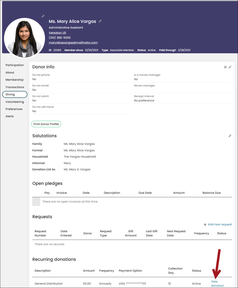 Selecting View donation from the donation tab of a contact account page